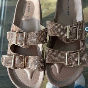 Madden Girl Teddy rose gold/bronze rhinestone footbed slide sandals. Gently used